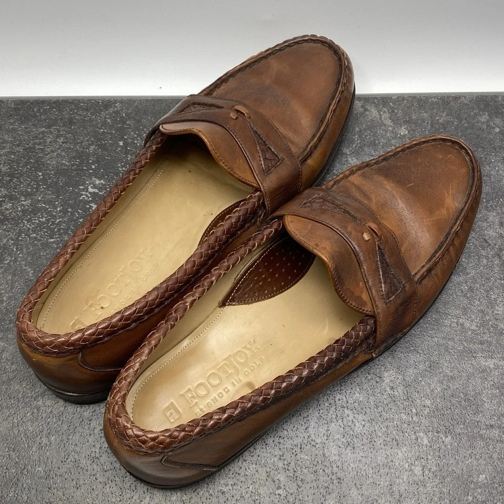 Vintage FootJoy Brown Leather Loafers Mens 10 C Woven Accent 77749 Made In USA